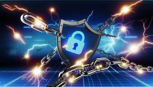 Una cadena de suministro digital protegida por un escudo brillante, rodeada de ciberataques en forma de rayos y cadenas rotas