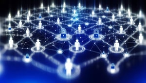 Una ilustración que muestra una red de identidades digitales seguras interconectadas dentro de una organización